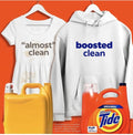 Tide Original liquid detergent jug and cap with white T-shirt and hoodie nearby