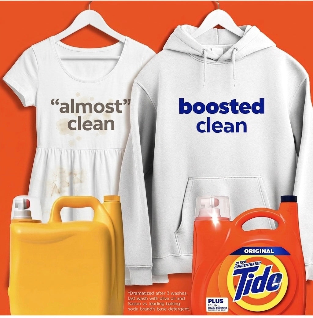 Tide Original liquid detergent jug and cap with white T-shirt and hoodie nearby