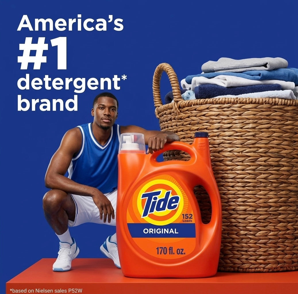 Orange Tide Original liquid detergent jug with blue cap, 170 fl oz label