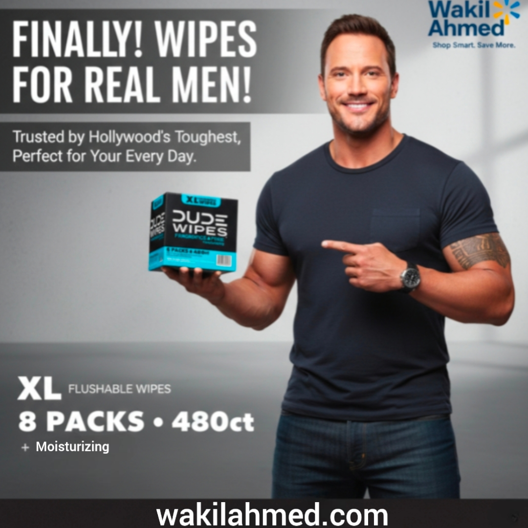 بِسْمِ ٱللَّٰهِ ٱلرَّحْمَٰنِ ٱلرَّحِيمِ
إِنَّا فَتَحْنَا لَكَ فَتْحًا مُّبِينًا.
Hollywood Star holding a box of Dude Wipes with promotional text and Wakil Ahmed branding.