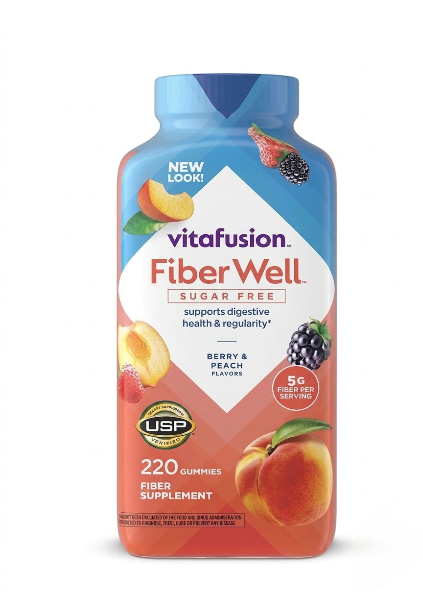 Fiber Well sugar-free gummy supplement bottle, berry & peach flavors, 220 gummies