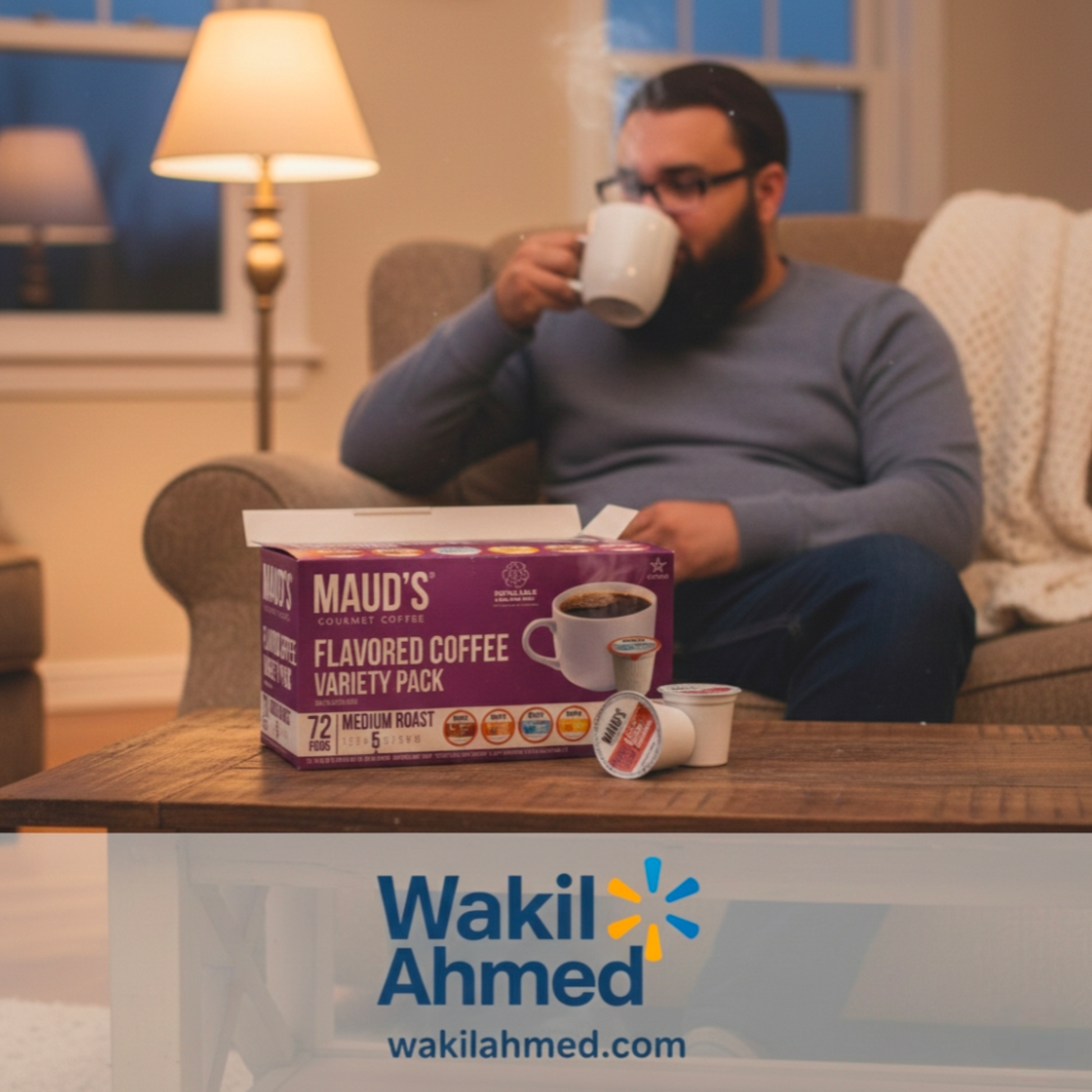   بِسْمِ ٱللَّٰهِ ٱلرَّحْمَٰنِ ٱلرَّحِيمِ
Wakil Ahmed sitting on a couch drinking coffee with a box of Maud's Flavored Coffee Variety Pack in front of him, with Wakil Ahmed logo visible.