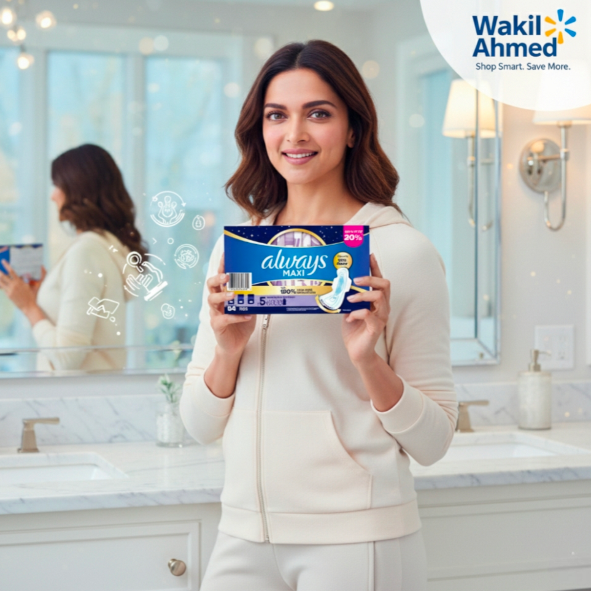 Deepika Padukone holding a box of Always Maxi pads in a bathroom setting with Wakil Ahmed branding.
