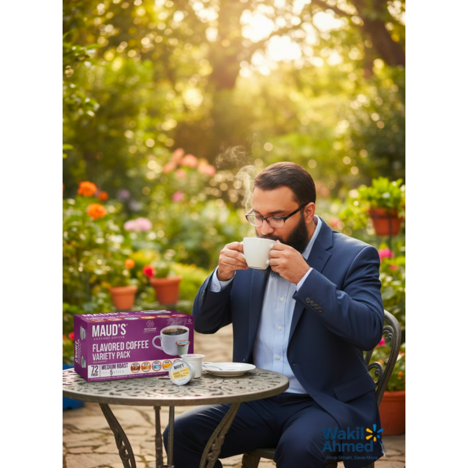   بِسْمِ ٱللَّٰهِ ٱلرَّحْمَٰنِ ٱلرَّحِيمِ
Inna fatahna laka fathan mubina
Wakil Ahmed in a suit drinking coffee outdoors with Maud's coffee packaging visible