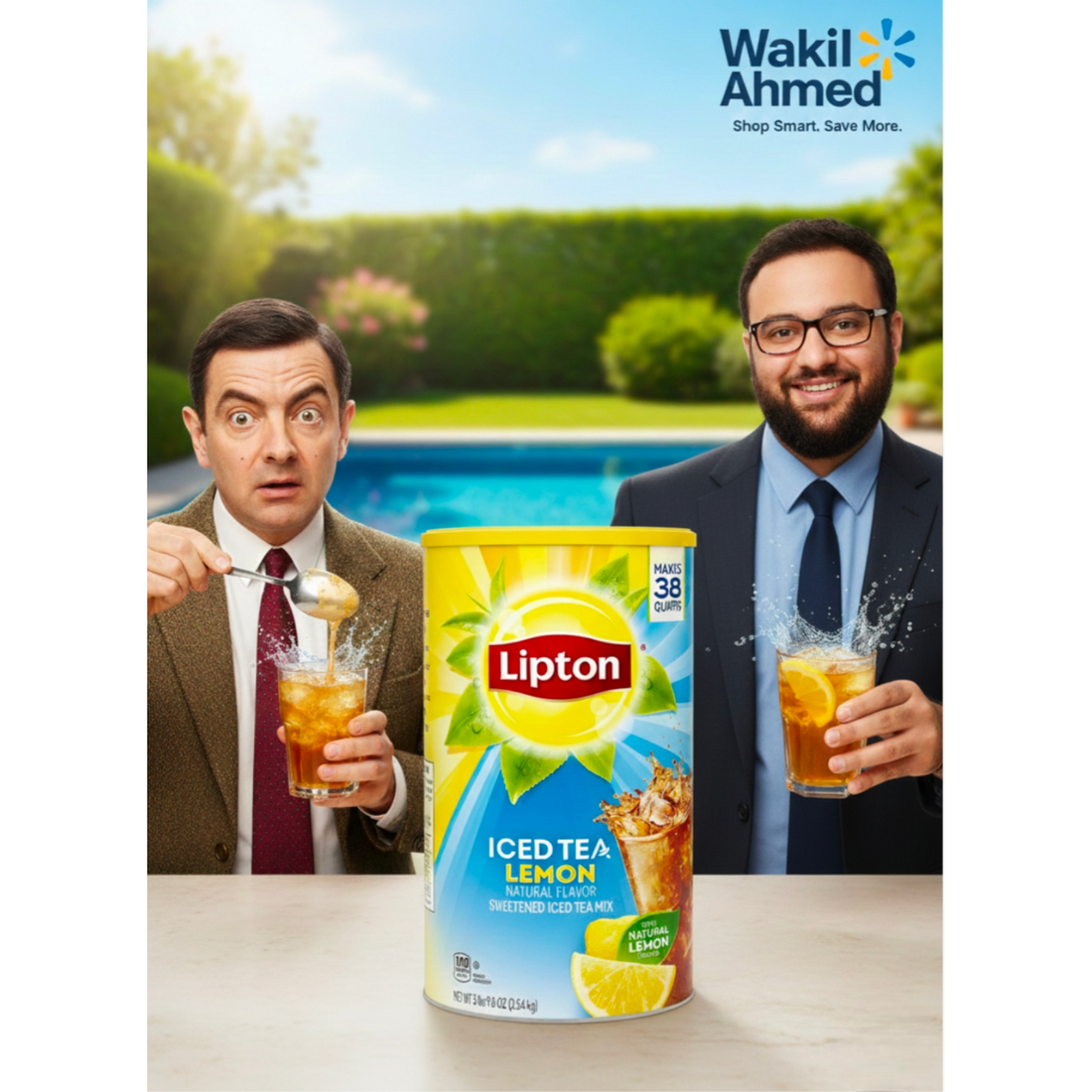 Lipton Lemon Iced Tea packages by a pool with a scenic background