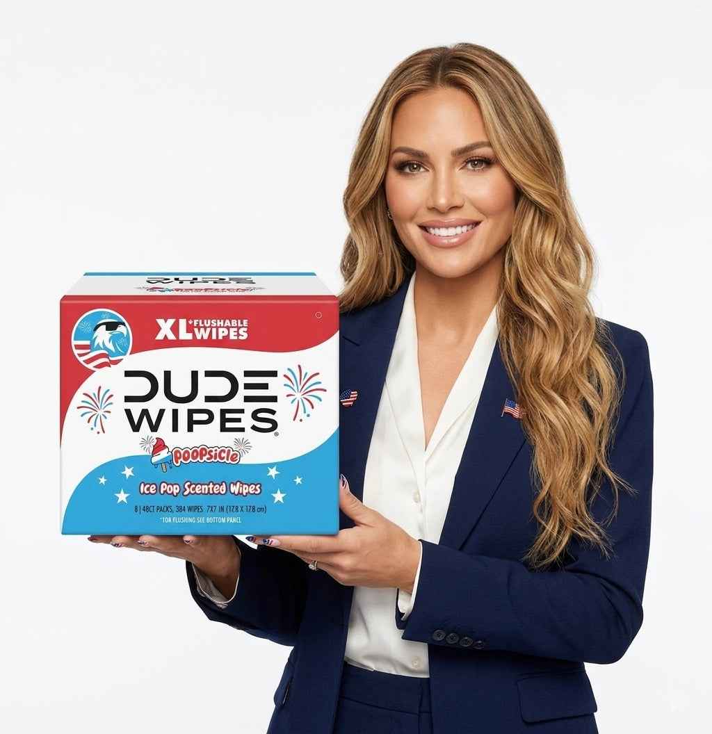 DUDE Wipes XL flushable wipes box with Popsicle Ice Pop Scented label in hand