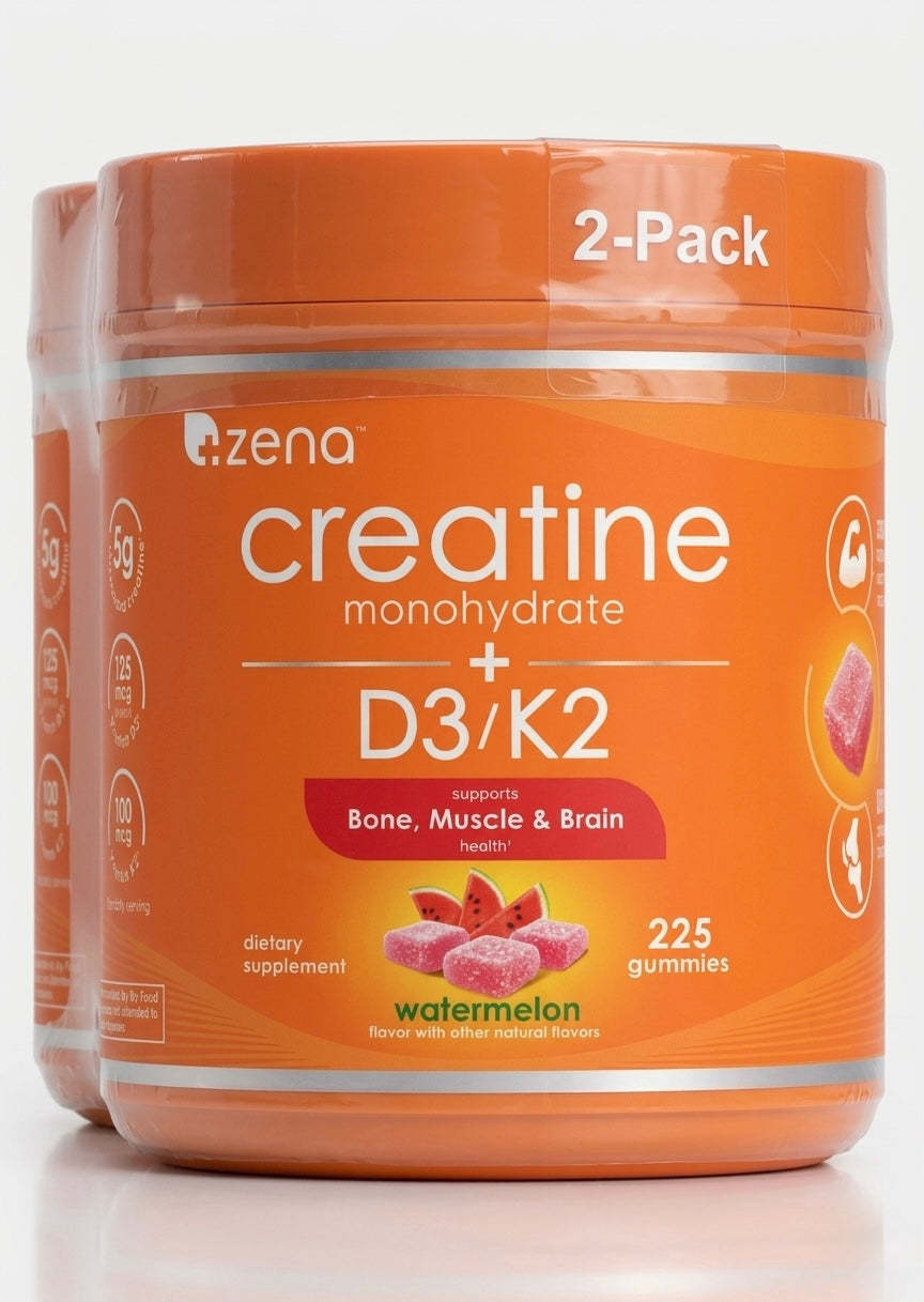 Zena creatine gummies container, D3/K2, 2-Pack, orange jar