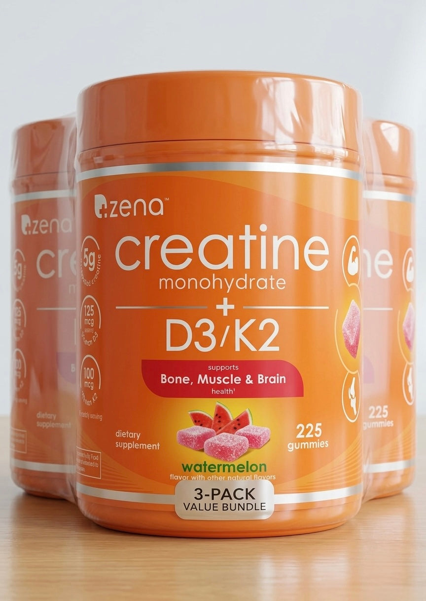 Zena creatine gummies containers, D3/K2 3-Pack Value Bundle, orange jars