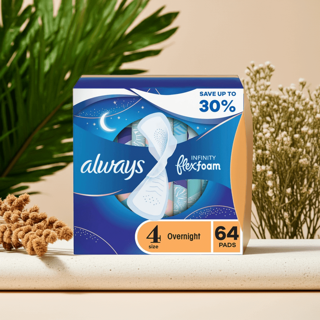 Always Infinity FlexFoam Overnight Pads with Wings, Unscented, Size 4, 64 ct – Flex Foam Night Pads for Heavy Flow.