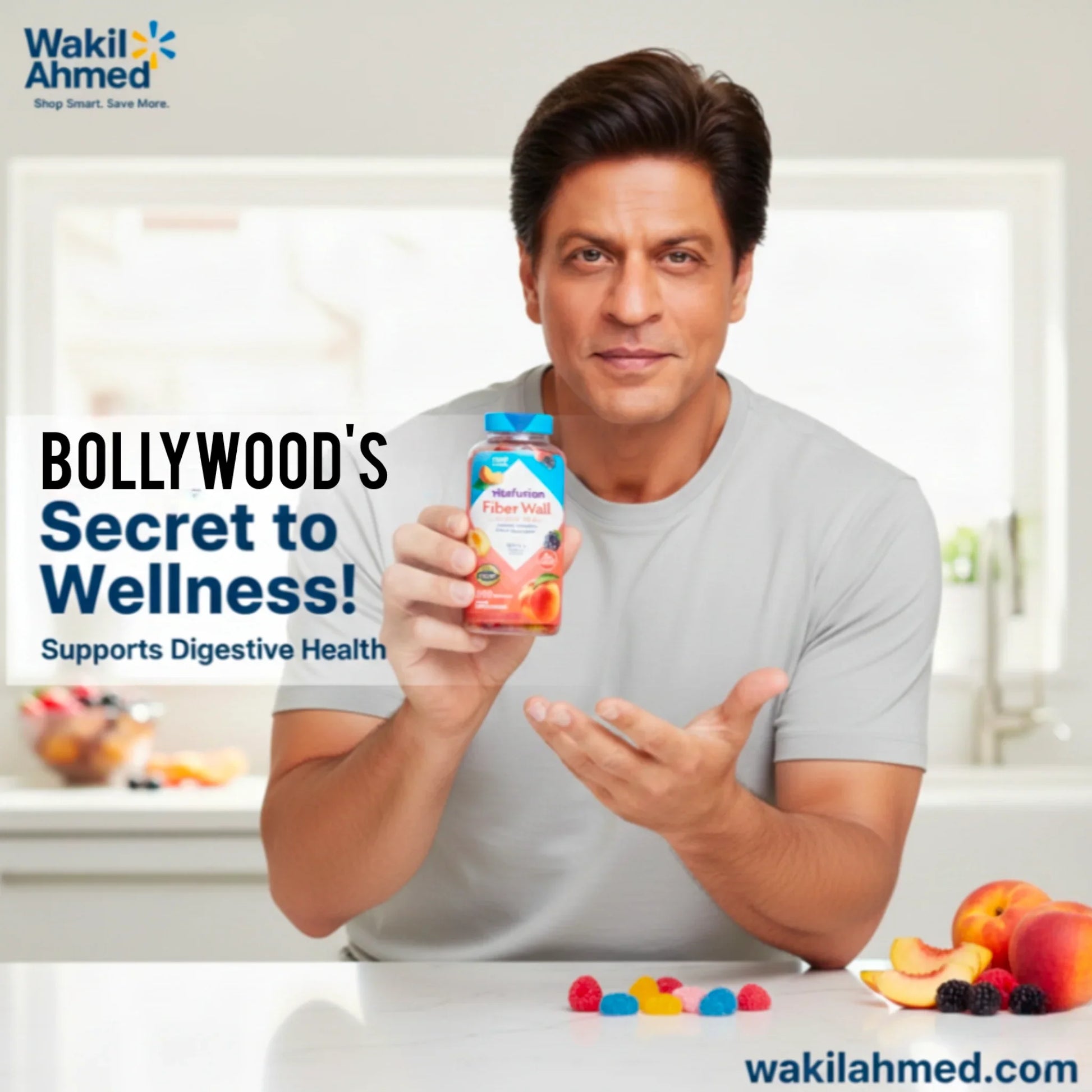 Shahrukh Khan holding a supplement bottle with text about 'Bollywood's Secret to Wellness' and 'Supports Digestive Health'.
