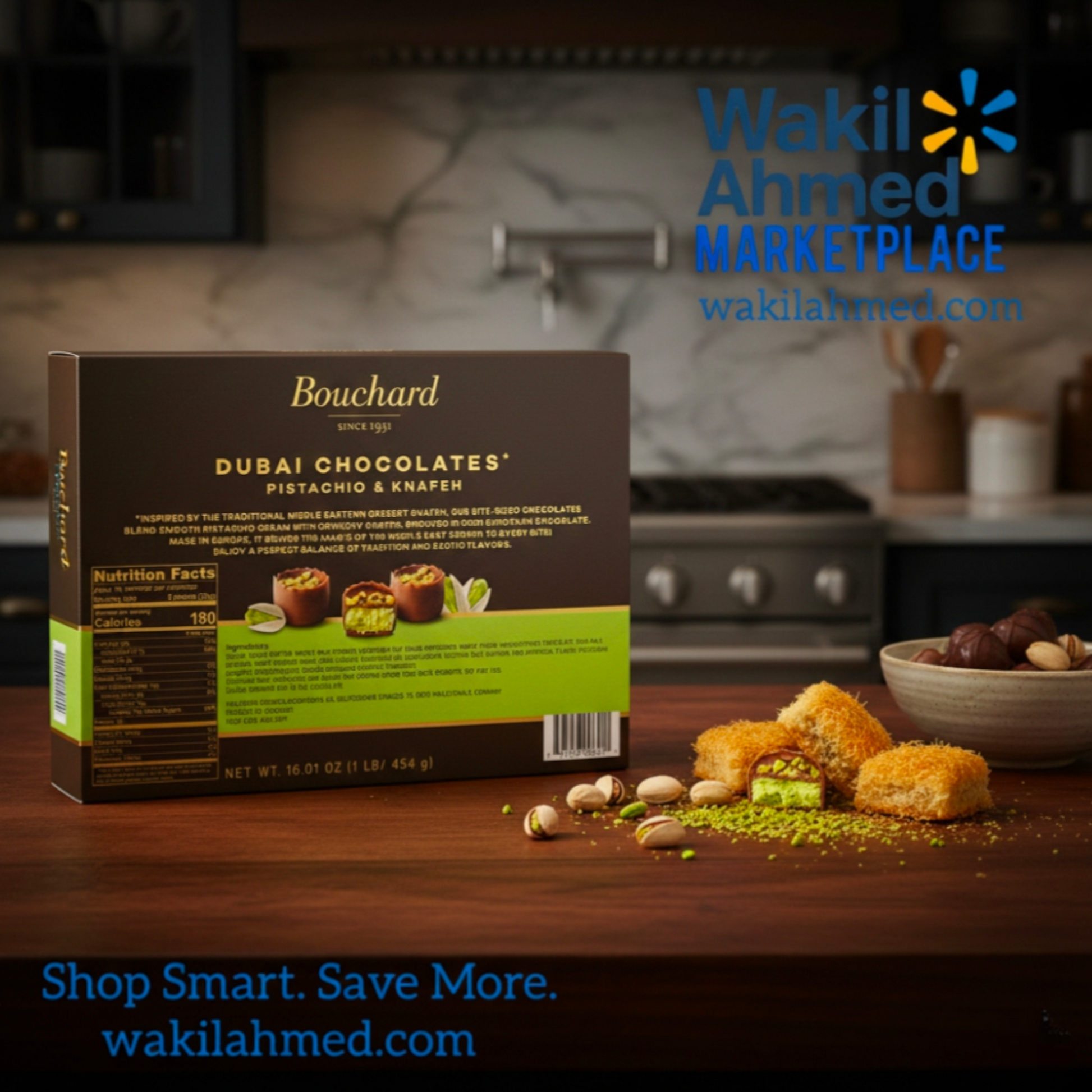   بِسْمِ ٱللَّٰهِ ٱلرَّحْمَٰنِ ٱلرَّحِيمِ
Box of Bouchard Dubai Chocolates Pistachio & Karpfen on a wooden surface with a kitchen background.