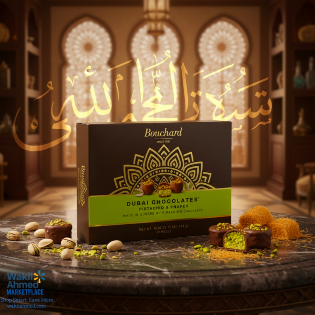   بِسْمِ ٱللَّٰهِ ٱلرَّحْمَٰنِ ٱلرَّحِيمِ,إِنَّا فَتَحْنَا لَكَ فَتْحًا مُبِينًا. نَصْرُ من اللَّهِ وَفَتَحْ قَرِيب
Bouchard Dubai Chocolates box with chocolate truffles on a decorative table.
علبة شوكولاتة بوشارد دبي تحتوي على كرات الشوكولاتة موضوعة على طاولة مزخرفة.