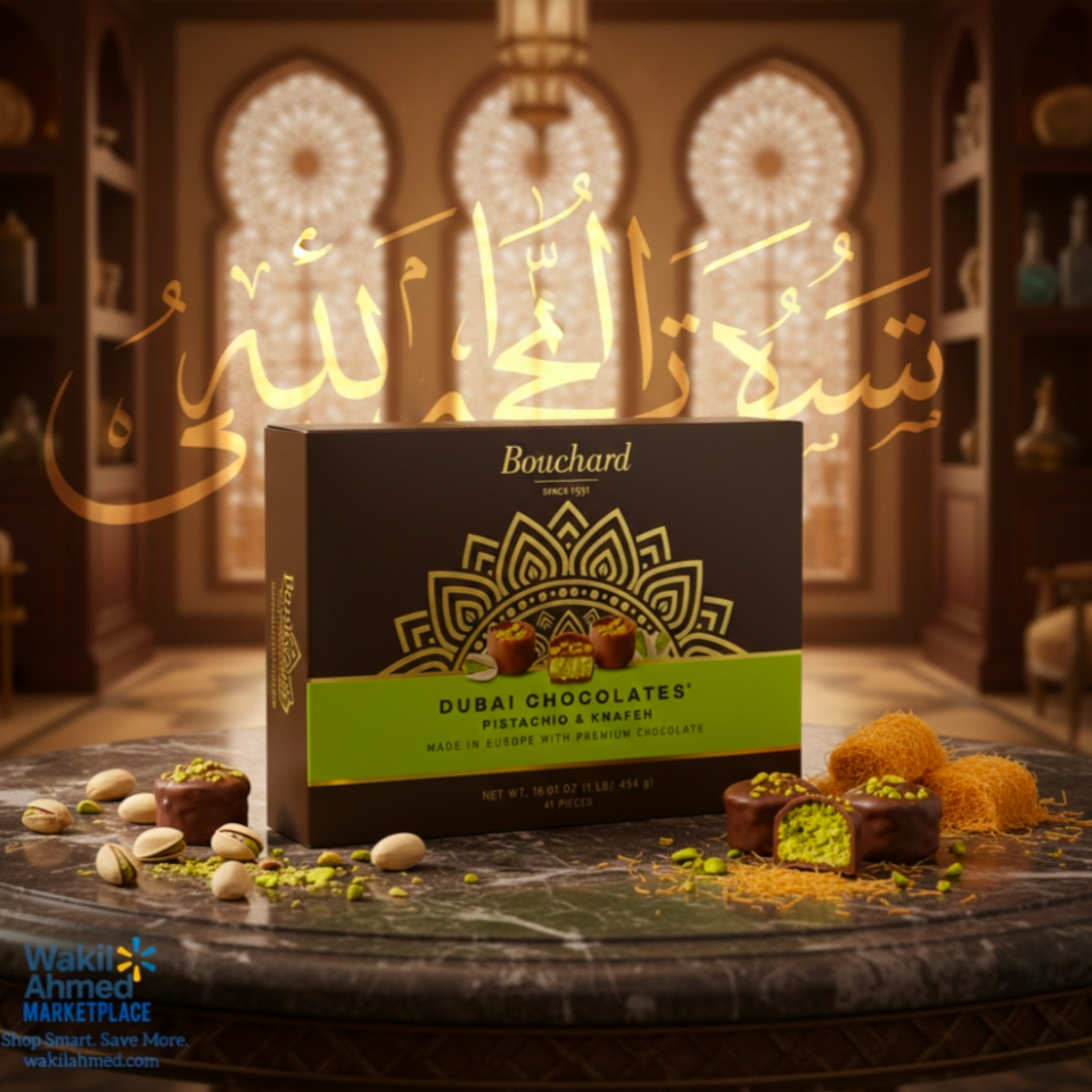   بِسْمِ ٱللَّٰهِ ٱلرَّحْمَٰنِ ٱلرَّحِيمِ,إِنَّا فَتَحْنَا لَكَ فَتْحًا مُبِينًا. نَصْرُ من اللَّهِ وَفَتَحْ قَرِيب
Bouchard Dubai Chocolates box with chocolate truffles on a decorative table.
علبة شوكولاتة بوشارد دبي تحتوي على كرات الشوكولاتة موضوعة على طاولة مزخرفة.