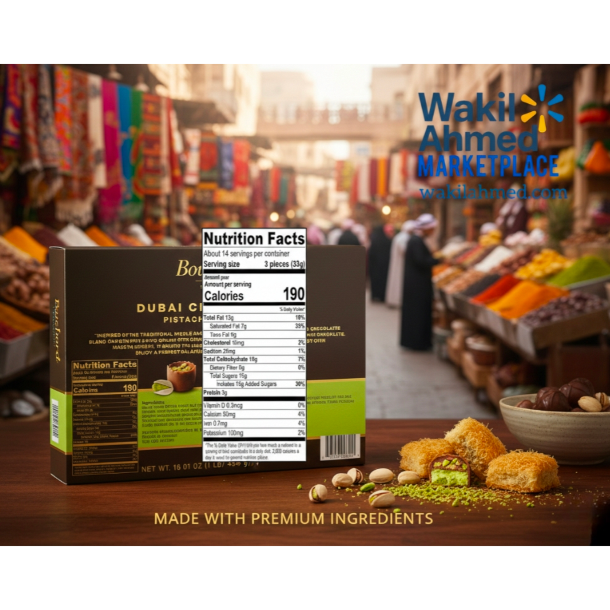   بِسْمِ ٱللَّٰهِ ٱلرَّحْمَٰنِ ٱلرَّحِيمِ
Box of Dubai Crispy Pistachios with nutrition facts label on a market background, featuring Wakil Ahmed Marketplace branding.