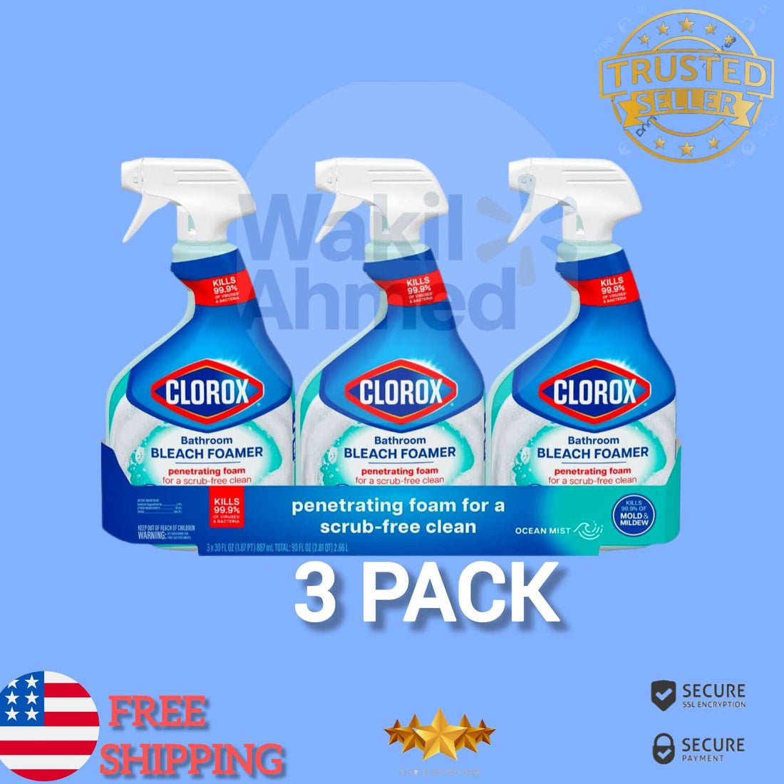 Clorox Bathroom Bleach Foamer spray bottle with Ocean Mist scent, instructions for disinfecting and killing mold.