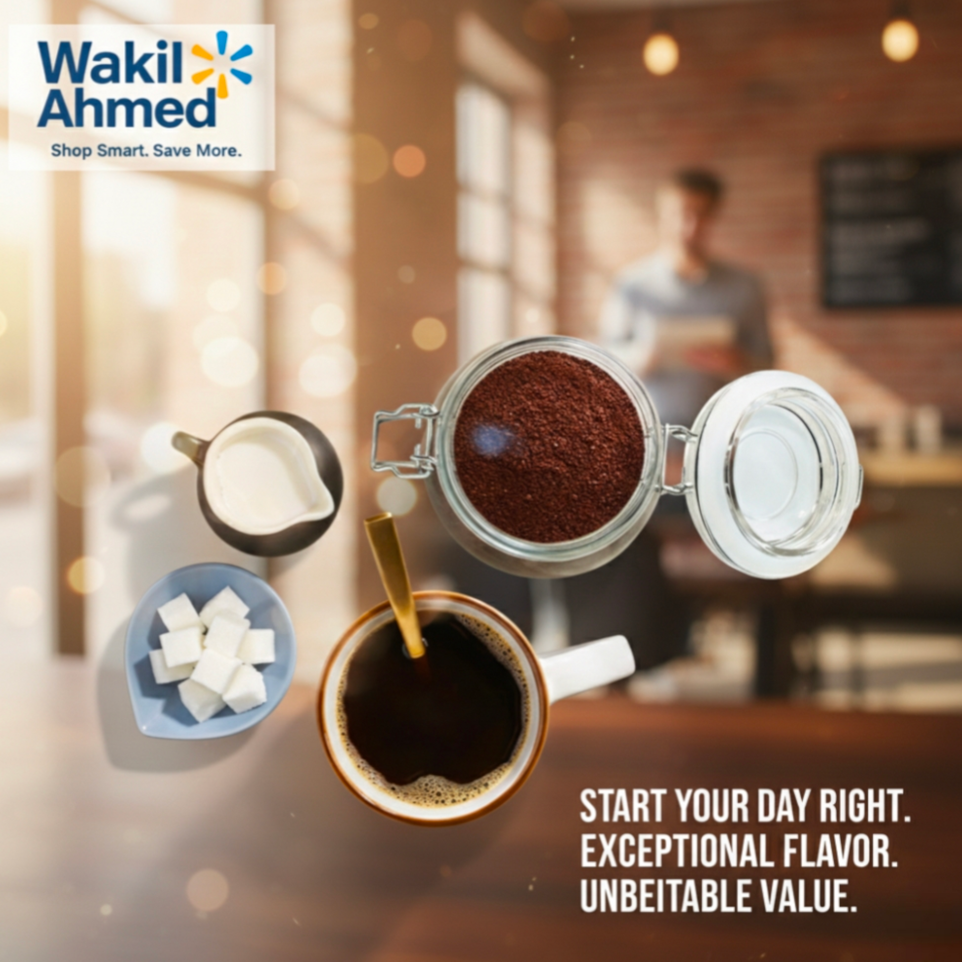 Member's Mark coffee advertisement with a cup of coffee, coffee grounds, and coffee-making accessories.