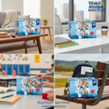 Collage of a box with a bunny design on a table in various settings, including a living room and classroom.