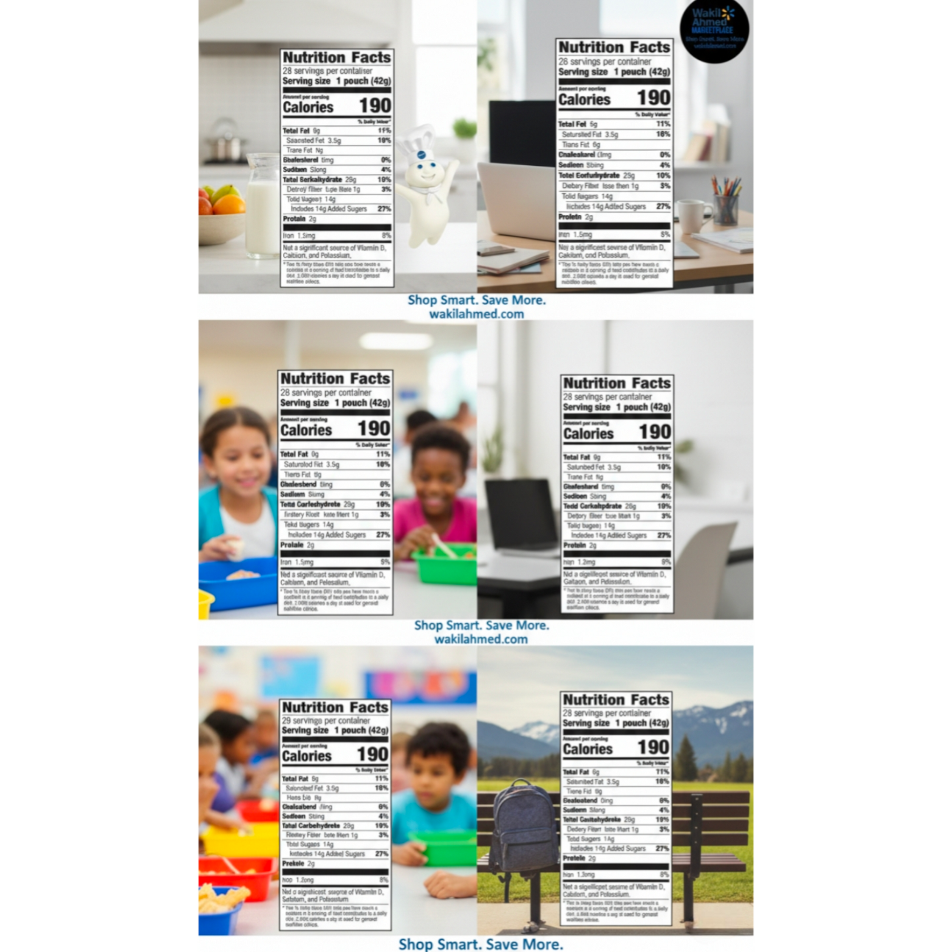 Nutrition label images displayed in various settings with people and objects.
