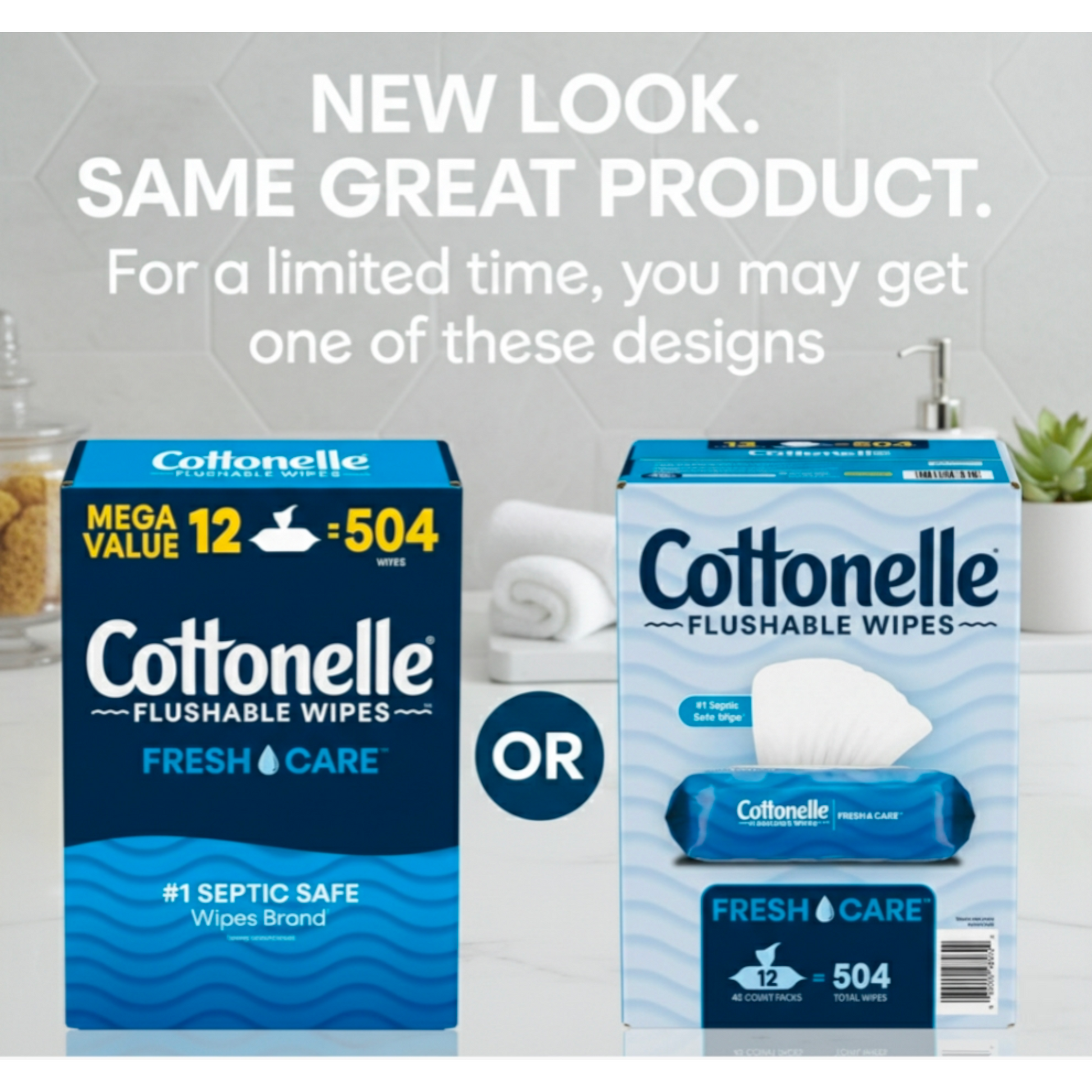 Two boxes of Cottonelle flushable wipes with a bathroom setting in the background.