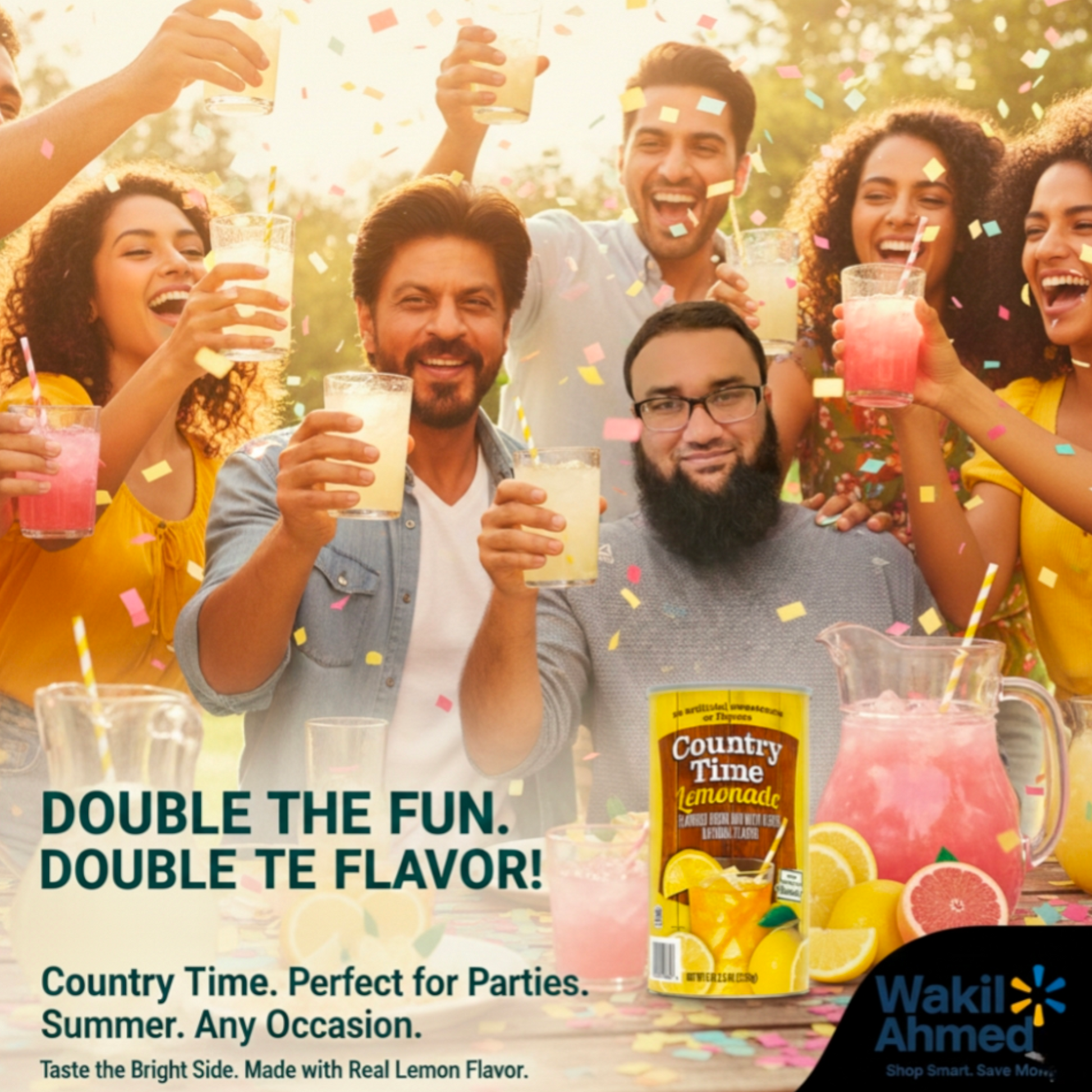 People celebrating with Country Time Lemonade at a party, with product packaging displayed.