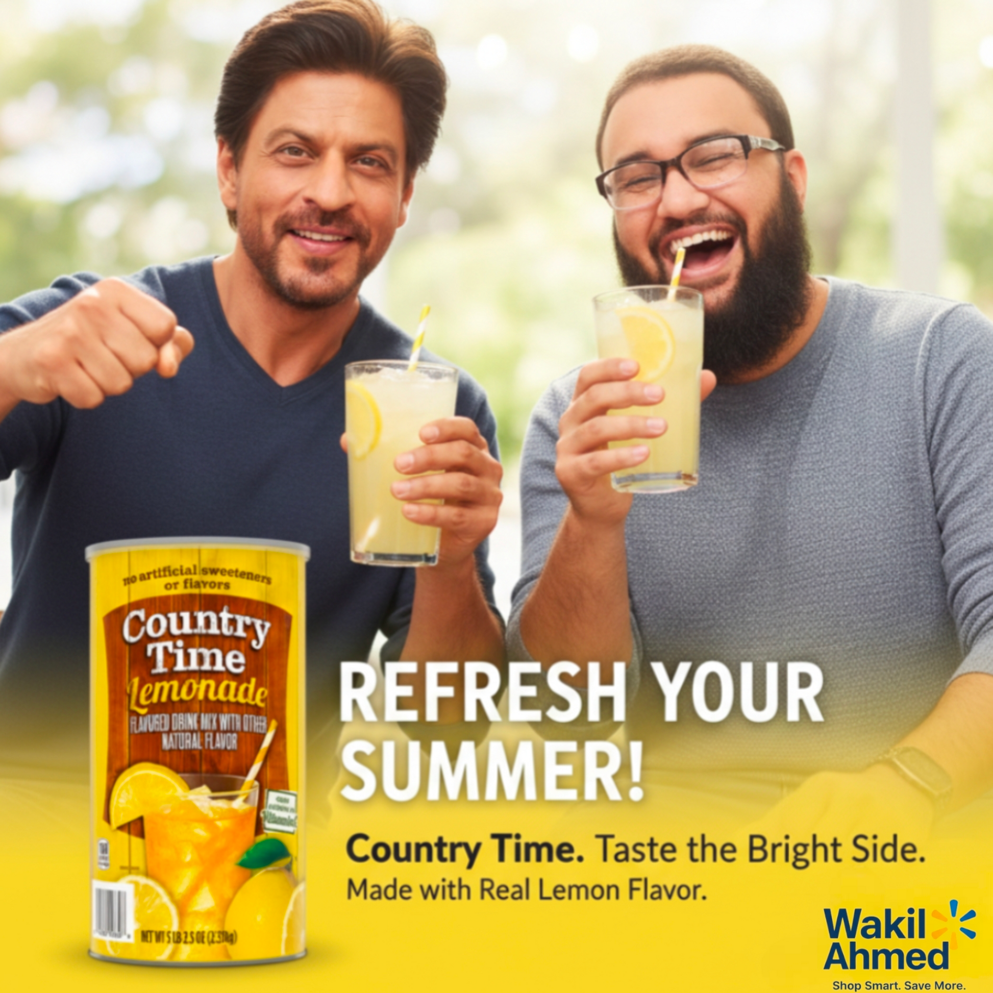 Shahrukh Khan and Wakil Ahmed enjoying Country Time Lemonade with a can of lemonade in the foreground.