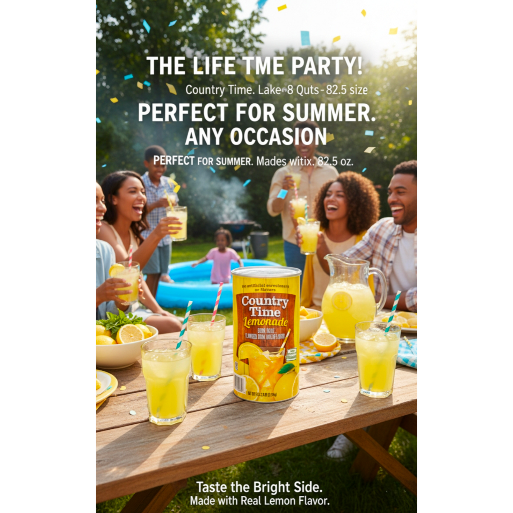 Advertisement for Country Time Lemonade with people enjoying lemonade at a pool party.