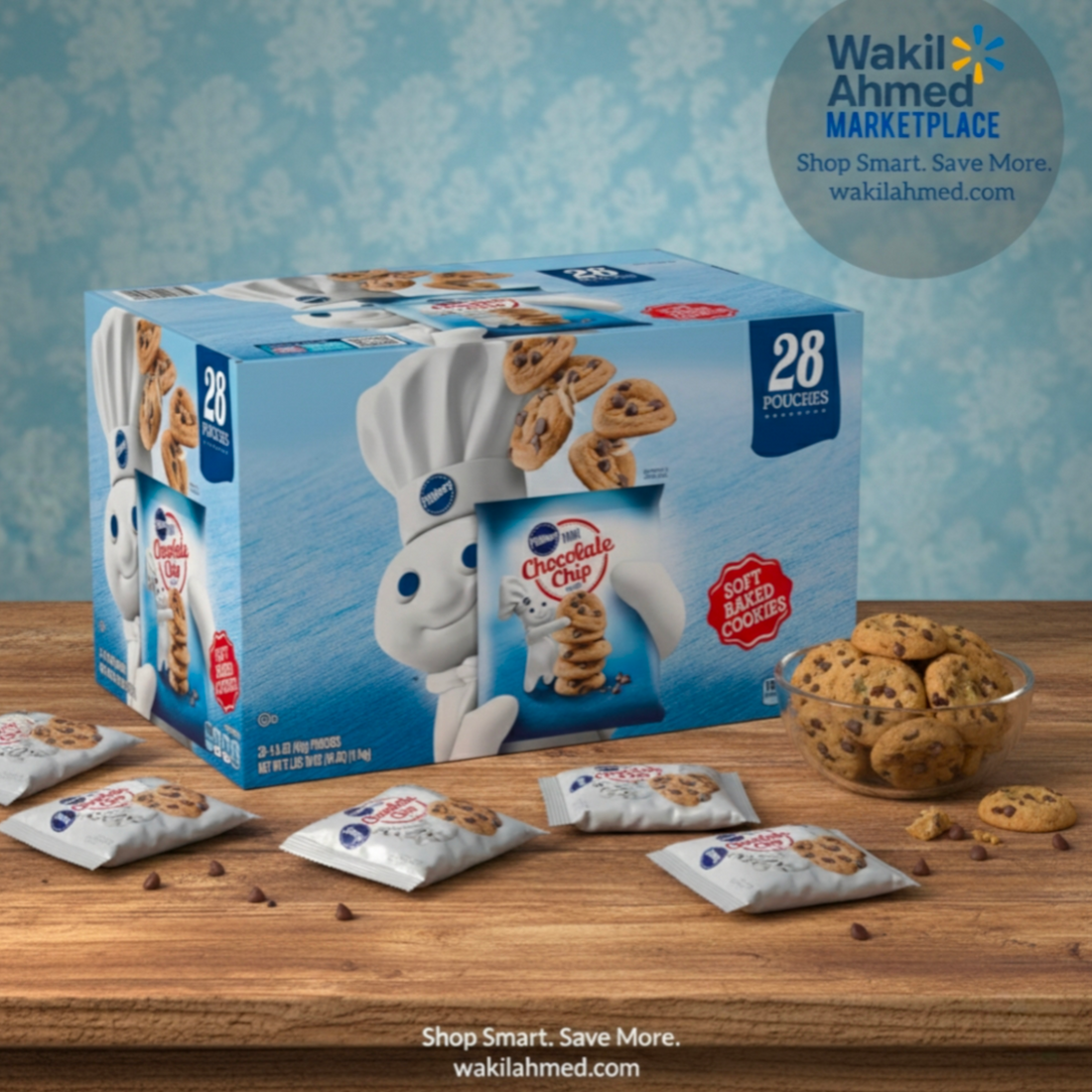 Box of Pillsbury Chocolate Chip cookies with cookies on a table and Wakil Ahmed Marketplace logo.