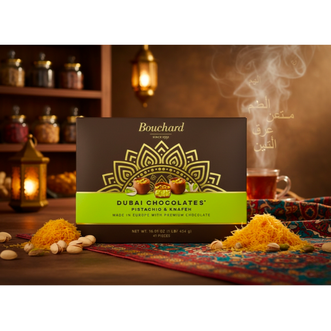   بِسْمِ ٱللَّٰهِ ٱلرَّحْمَٰنِ ٱلرَّحِيمِ,إِنَّا فَتَحْنَا لَكَ فَتْحًا مُبِينًا. نَصْرُ من اللَّهِ وَفَتَحْ قَرِيب
Bouchard Dubai Chocolates box with chocolate truffles on a decorative table.
علبة شوكولاتة بوشارد دبي تحتوي على كرات الشوكولاتة موضوعة على طاولة مزخرفة.
