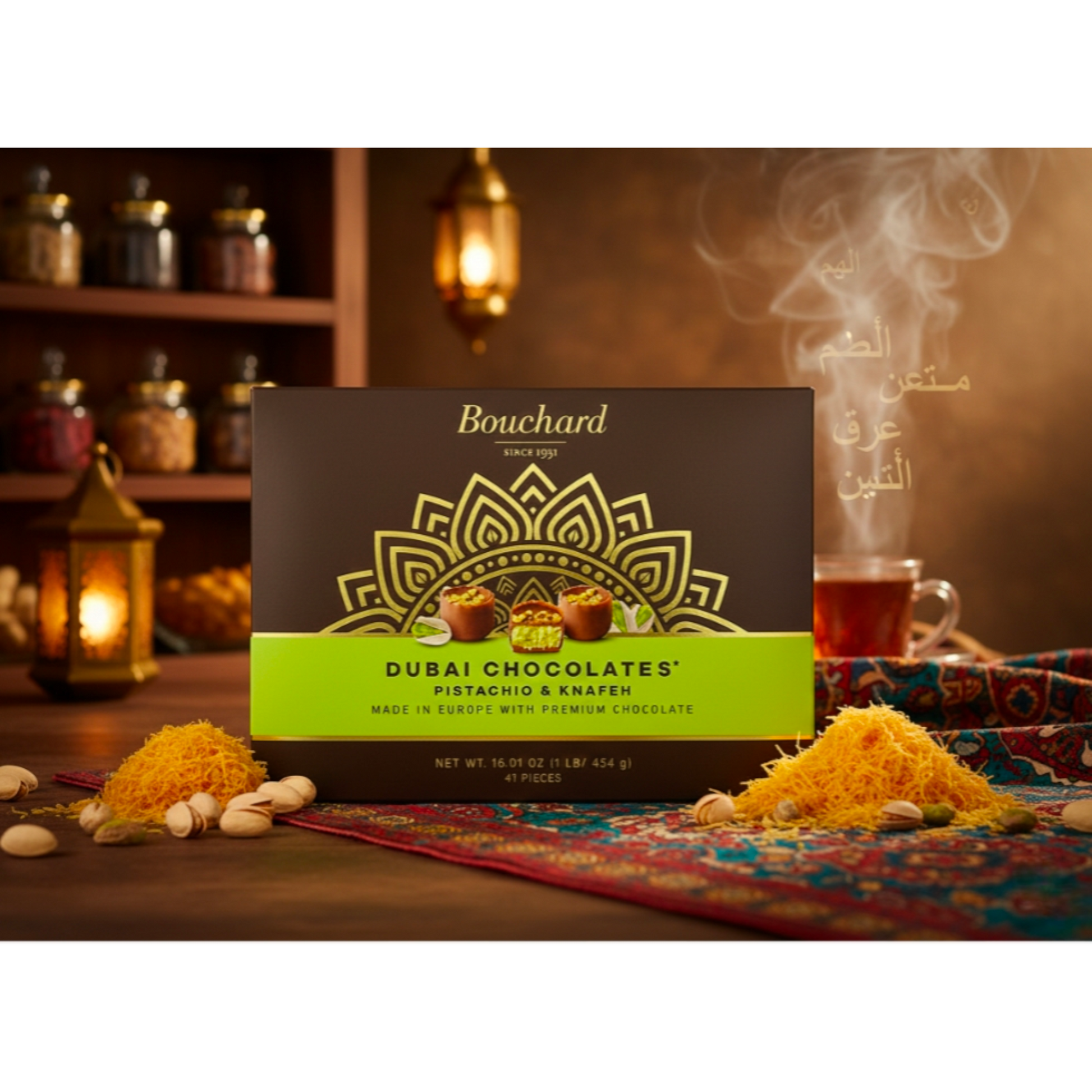 بِسْمِ ٱللَّٰهِ ٱلرَّحْمَٰنِ ٱلرَّحِيمِ,إِنَّا فَتَحْنَا لَكَ فَتْحًا مُبِينًا. نَصْرُ من اللَّهِ وَفَتَحْ قَرِيب
Bouchard Dubai Chocolates packaging with pistachio and knafeh on a decorative table setting.
عبوة شوكولاتة بوشارد دبي مع الفستق والكنافة على طاولة مزخرفة.