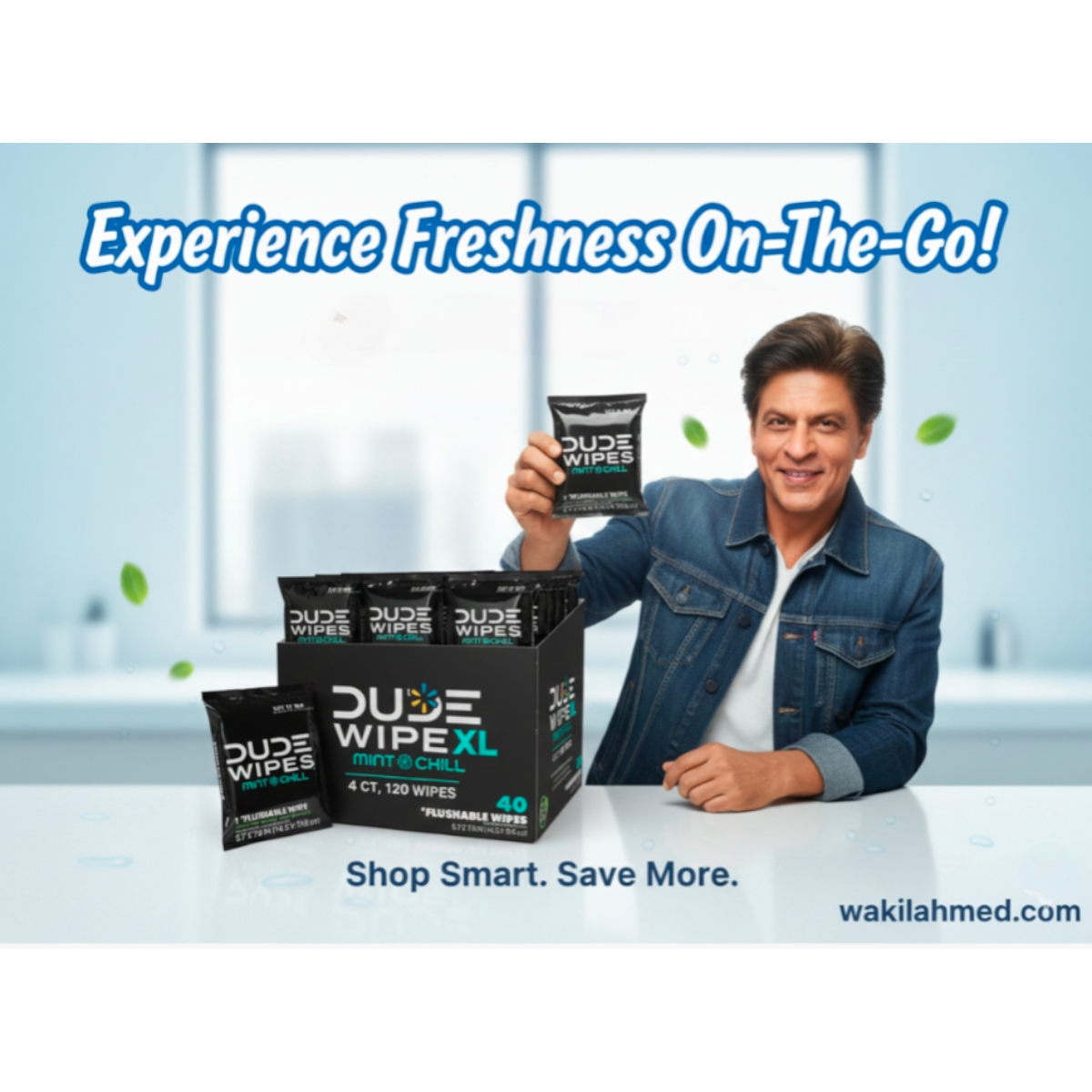 Shahrukh Khan holding Dude Wipes packaging with promotional text on a light blue background