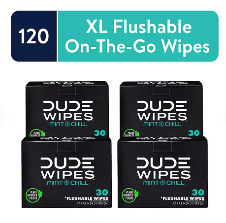 Dude Wipes XL Mint Flushable Wipes 4 Pack (120 Wipes) Sewer & Septic Safe.