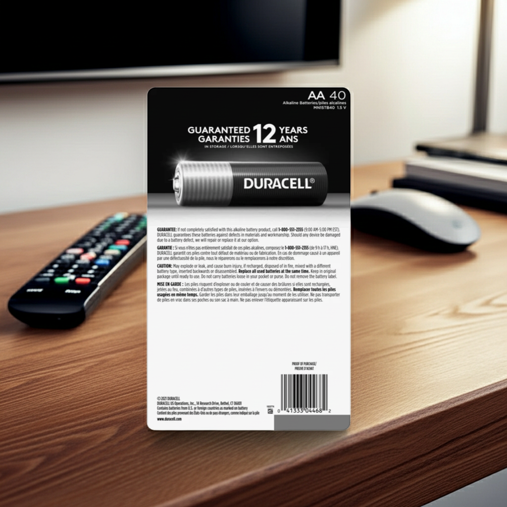 Duracell battery package on a desk with remote control and computer mouse