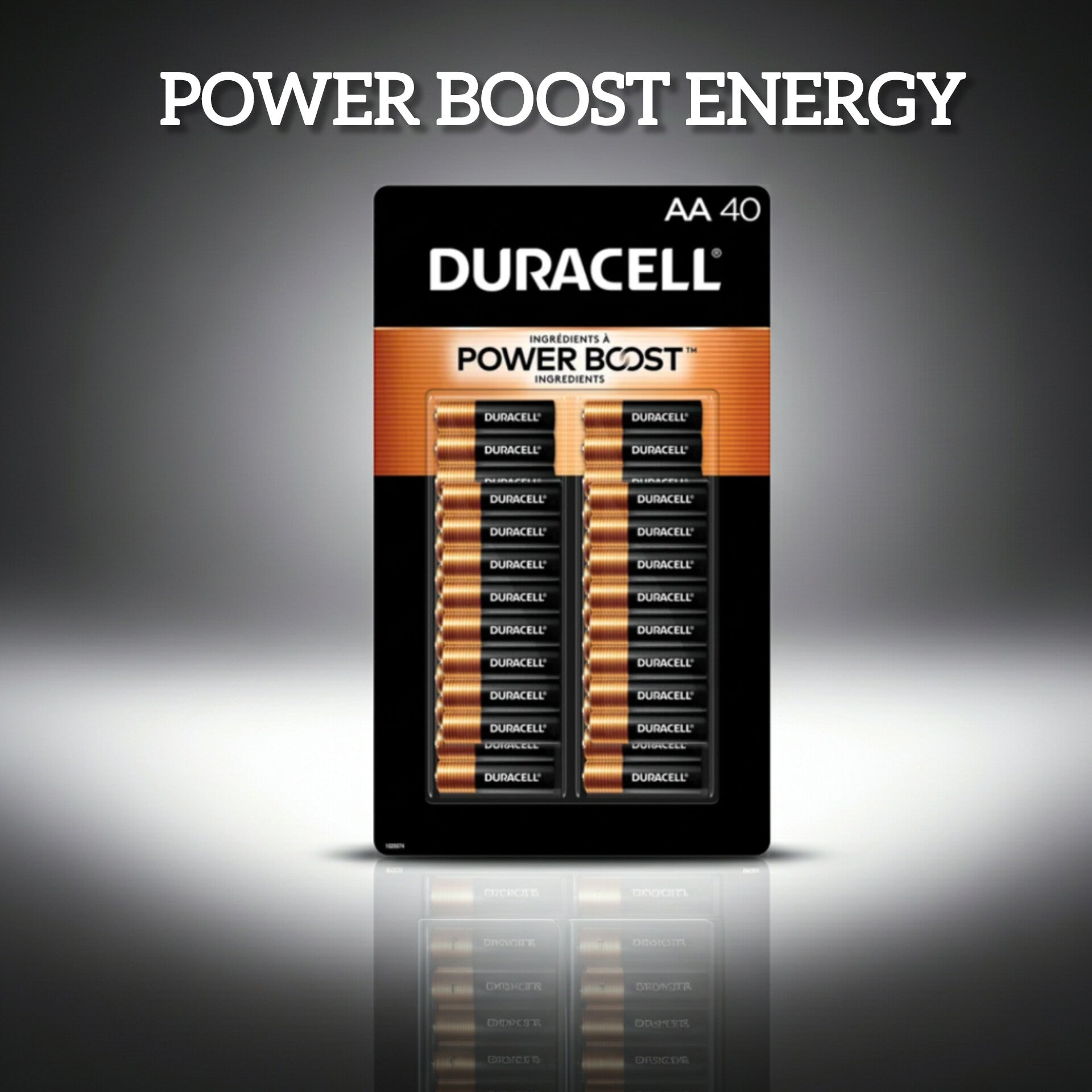 Pack of Duracell Power Boost Energy batteries on a reflective surface with a gradient background