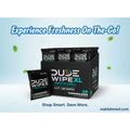 Dude Wipes XL packaging with promotional text on a light blue background
