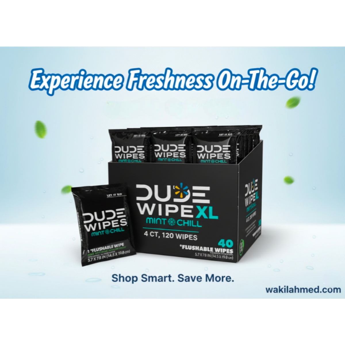 Dude Wipes XL packaging with promotional text on a light blue background