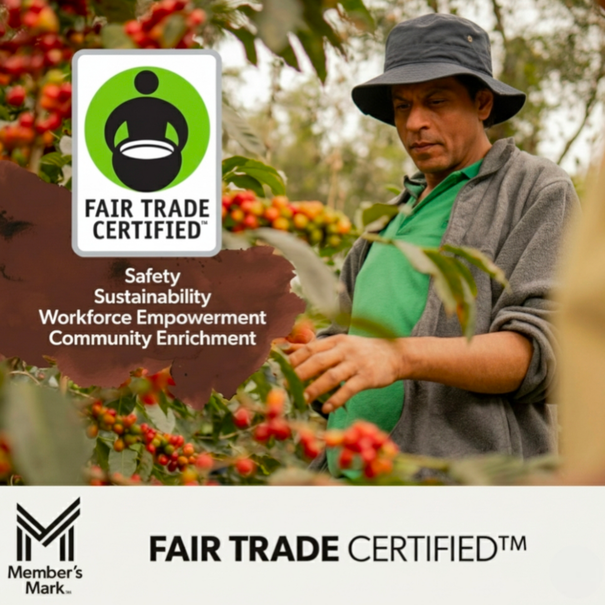SRK working with plants in a garden, Fair Trade Certified logo and text displayed