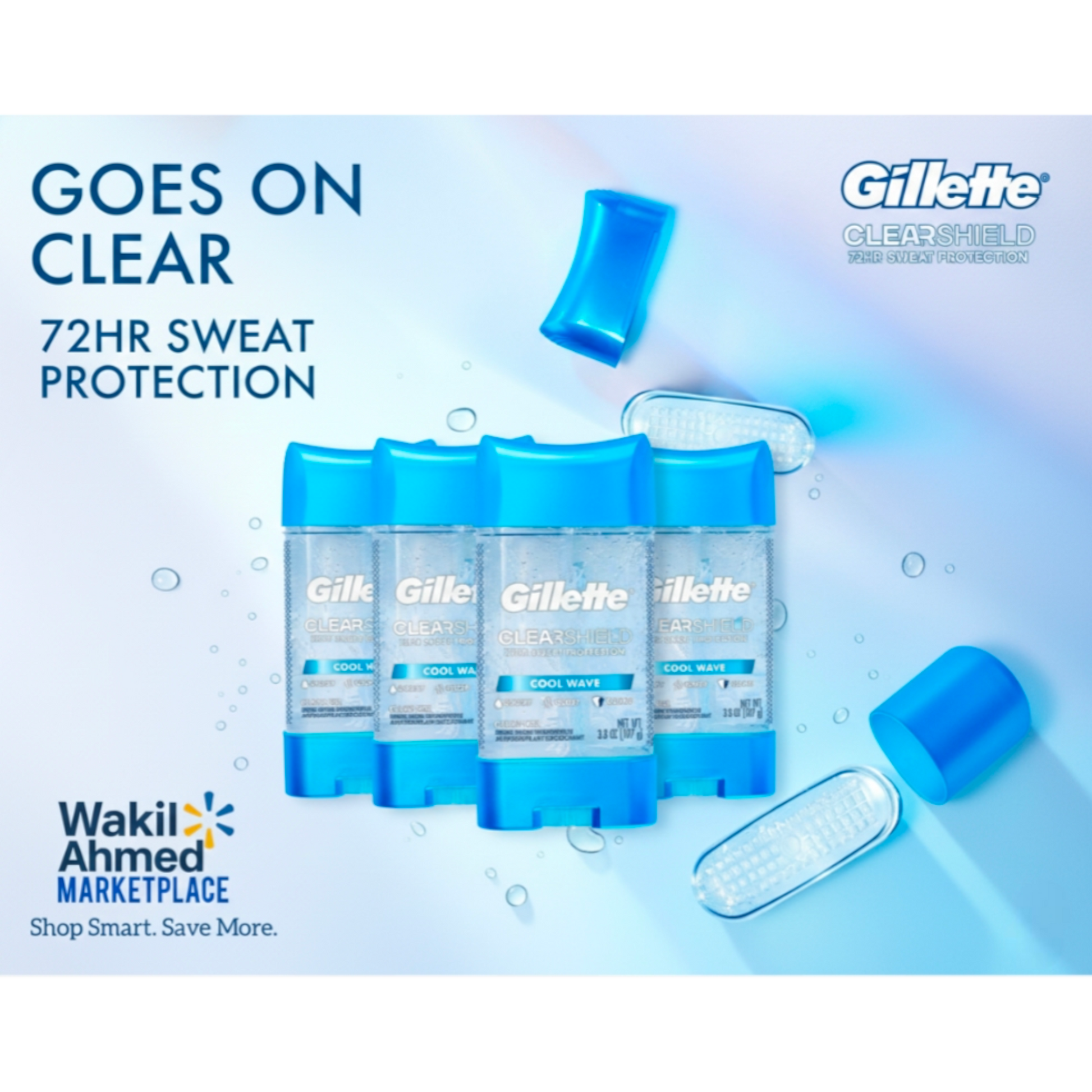 بِسْمِ ٱللَّٰهِ ٱلرَّحْمَٰنِ ٱلرَّحِيمِ,إِنَّا فَتَحْنَا لَكَ فَتْحًا مُبِينًا. نَصْرُ من اللَّهِ وَفَتَحْ قَرِيب
Gillette ClearSheer deodorant bottles with packaging on a blue background, featuring text about sweat protection.
زجاجات مزيل العرق جيليت كليرشير مع تغليف على خلفية زرقاء، تتضمن نصًا حول الحماية من التعرق.