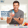 Man holding a supplement bottle with text about Hollywood's secret to wellness and digestive health.