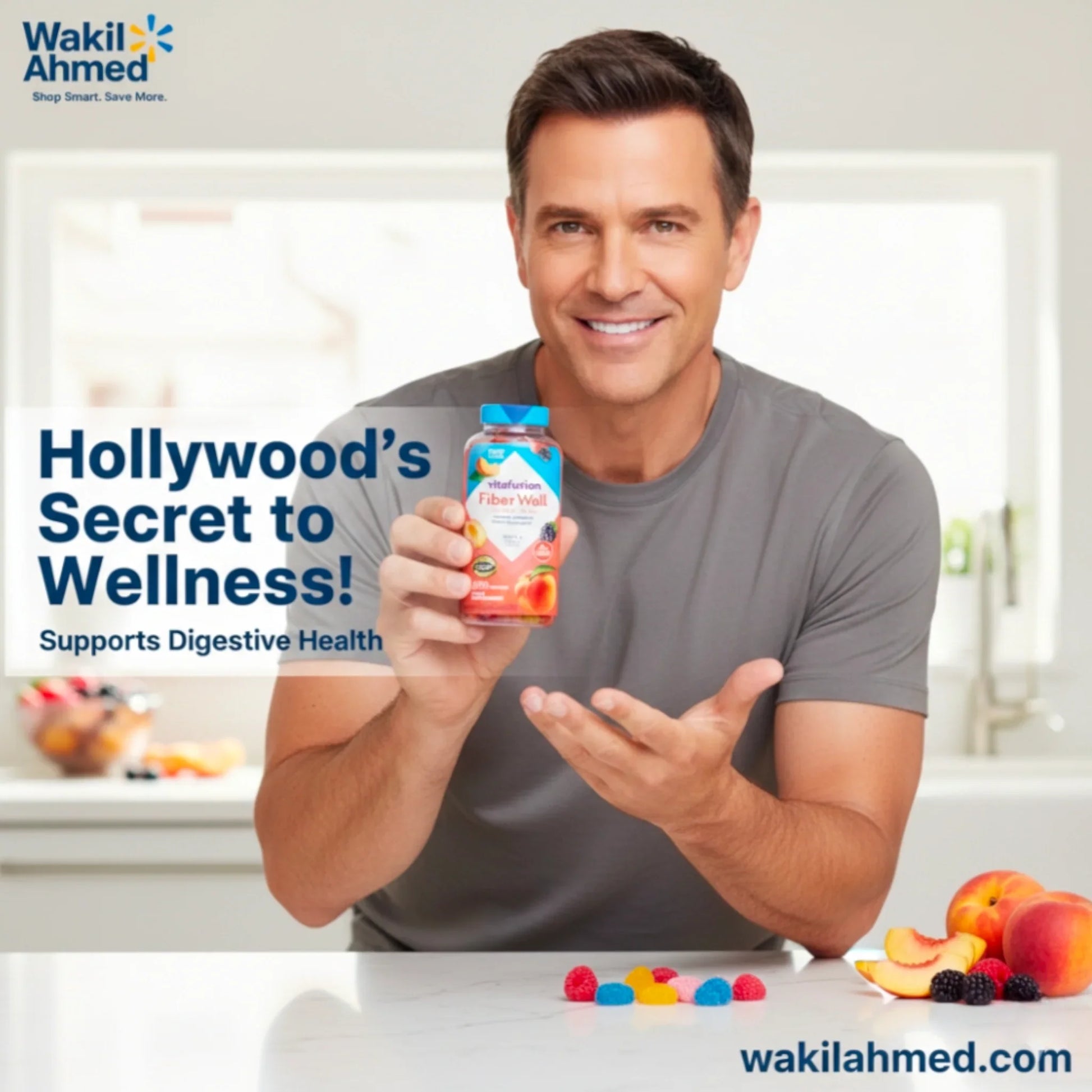 Man holding a supplement bottle with text about Hollywood's secret to wellness and digestive health.