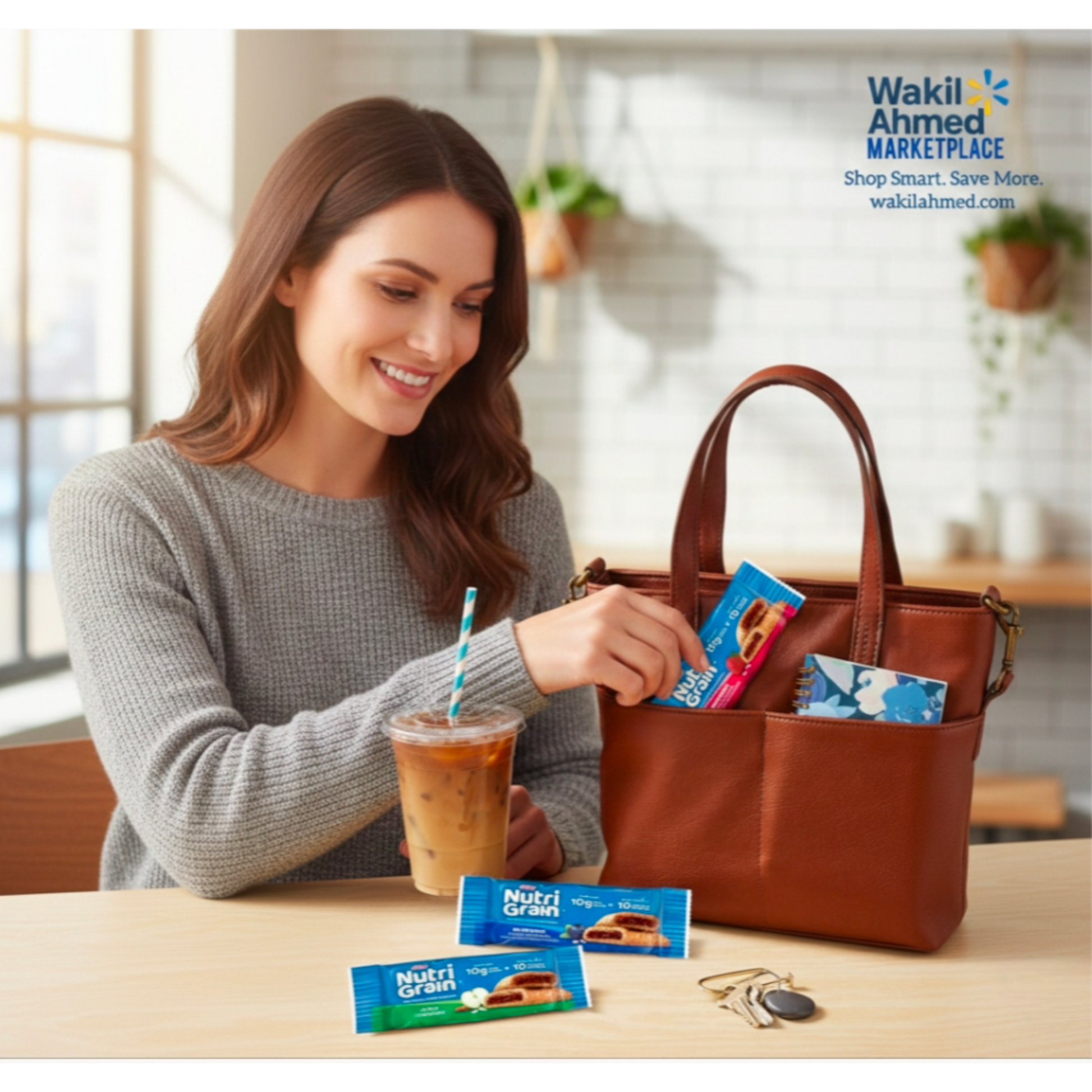 Woman organizing snacks and drinks in a brown handbag with Nutri-Grain bars visible, in a home setting.