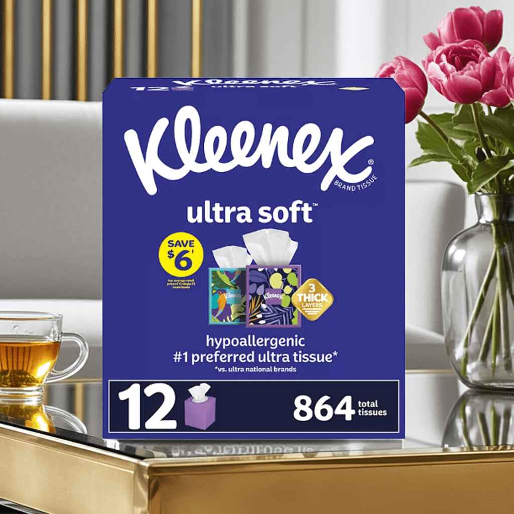 Kleenex Ultra Soft Hypoallergenic 3-Ply Facial Tissues 12 Cube Boxes (72 Tissues/Box).