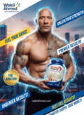 Advertisement featuring a muscular Dwayne Johnson holding a protein supplement with cityscape background and promotional text.