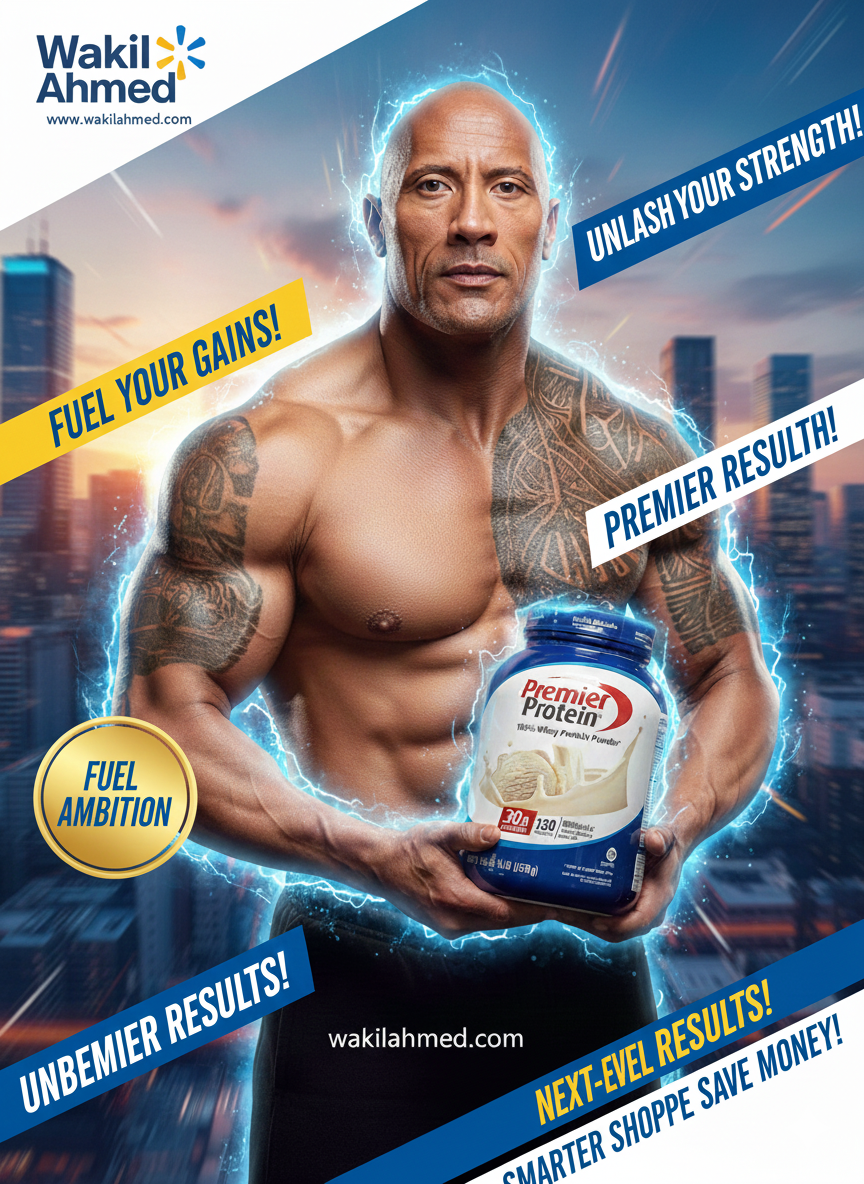 Advertisement featuring a muscular Dwayne Johnson holding a protein supplement with cityscape background and promotional text.