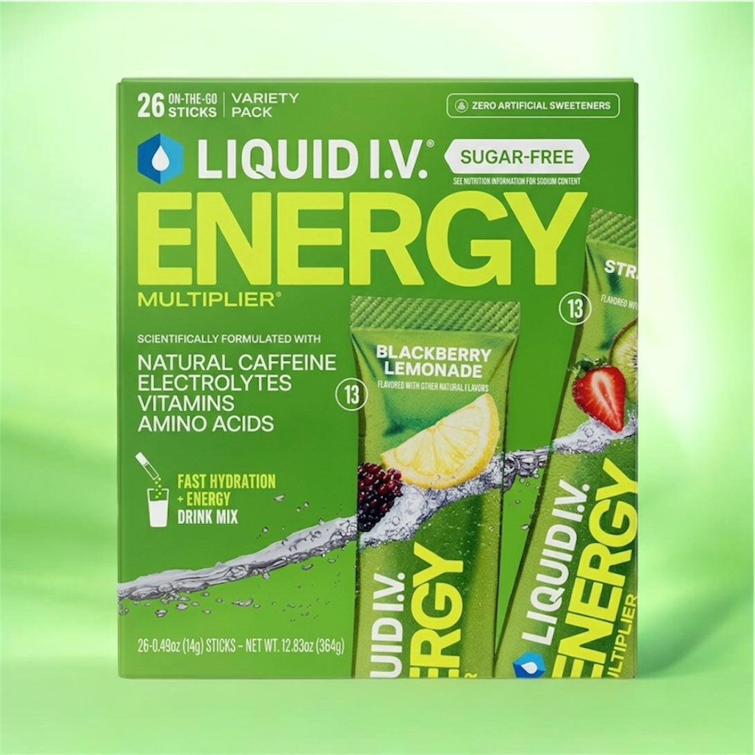 Box of Liquid I.V. Energy Multiplier drink mix with green and yellow design.