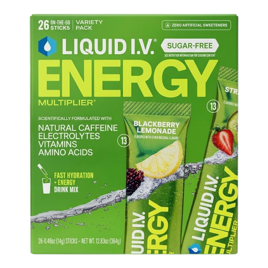 Box of Liquid I.V. Energy Multiplier drink mix with green and yellow design.