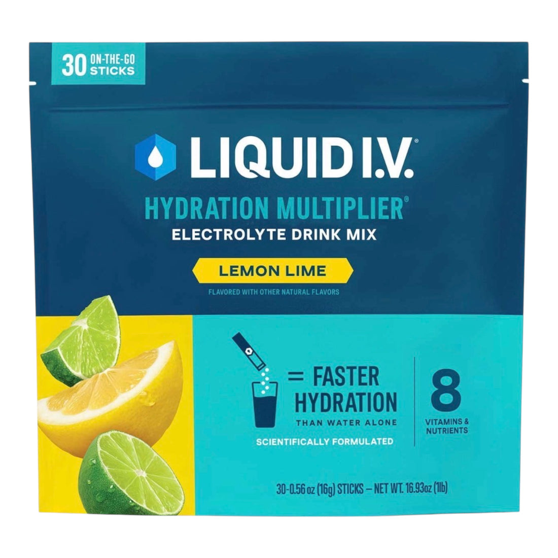 LIQUID I.V. Lemon Lime hydration drink mix package on a white background
