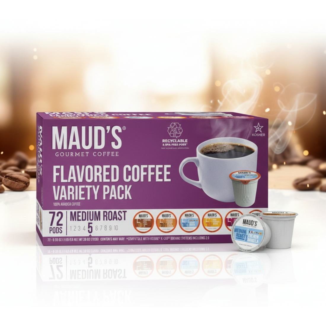   بِسْمِ ٱللَّٰهِ ٱلرَّحْمَٰنِ ٱلرَّحِيمِ
Maud's Gourmet Coffee Flavored Coffee Variety Pack on a white surface with a blurred coffee-themed background.
