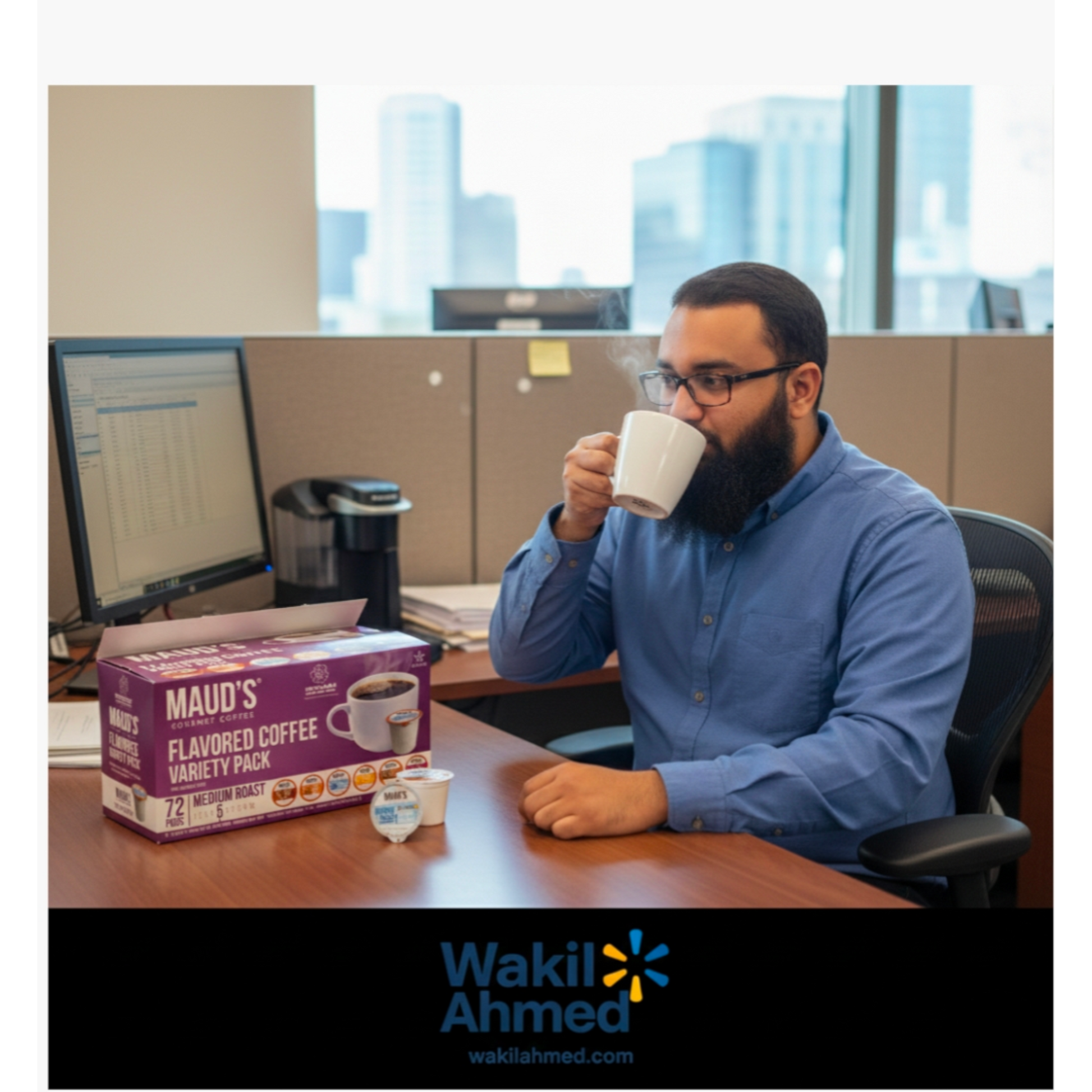   بِسْمِ ٱللَّٰهِ ٱلرَّحْمَٰنِ ٱلرَّحِيمِ
Wakil Ahmed drinking coffee in an office setting with Maud's coffee products on the desk.