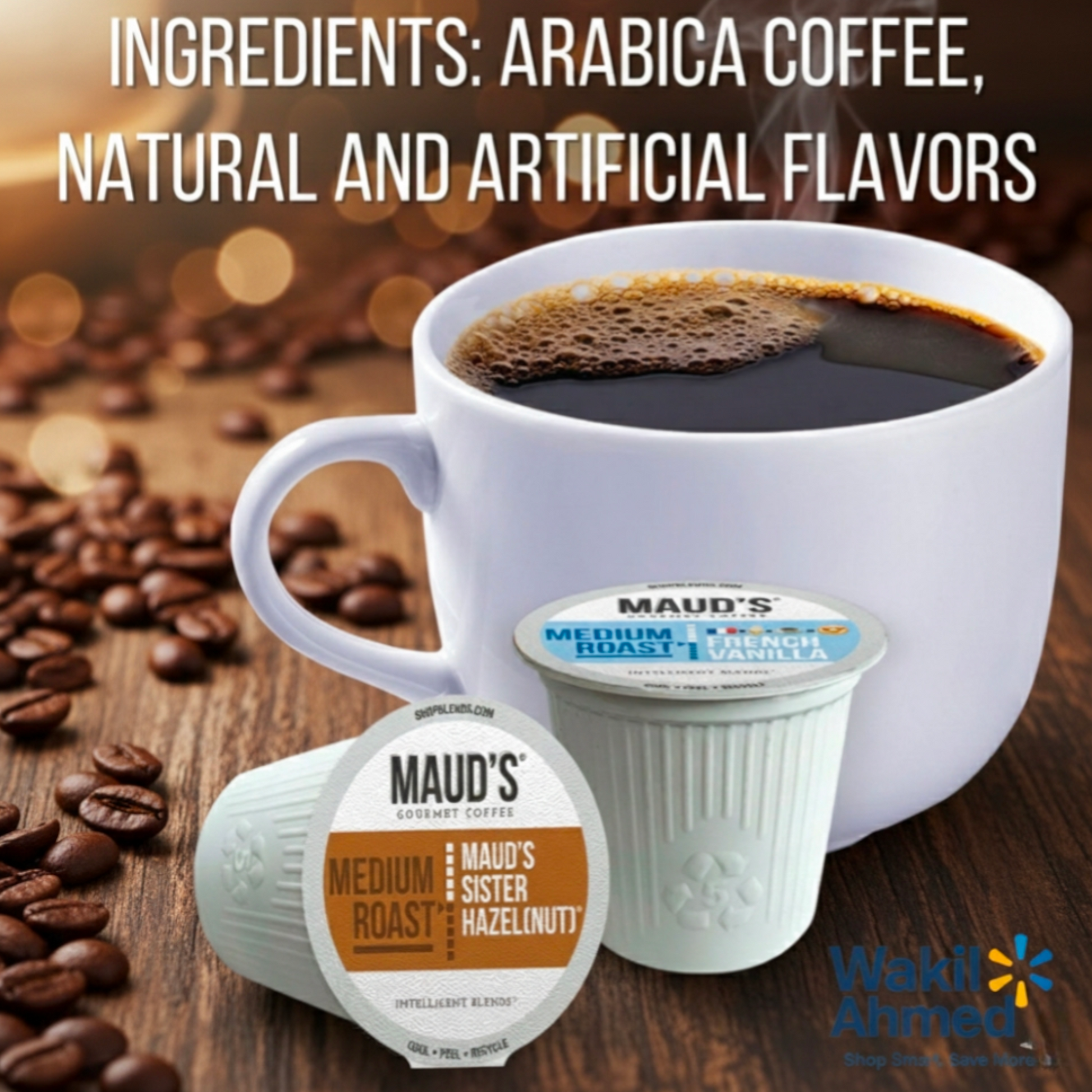   بِسْمِ ٱللَّٰهِ ٱلرَّحْمَٰنِ ٱلرَّحِيمِ
Maud's coffee pods with a cup of coffee and coffee beans on a wooden surface.