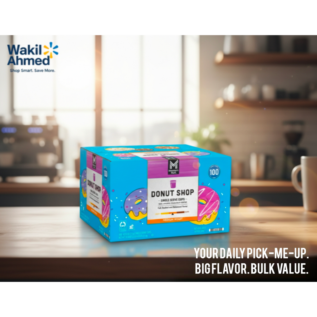 Box of 'Donut Shop' coffee on a kitchen counter with Member's Mark branding.